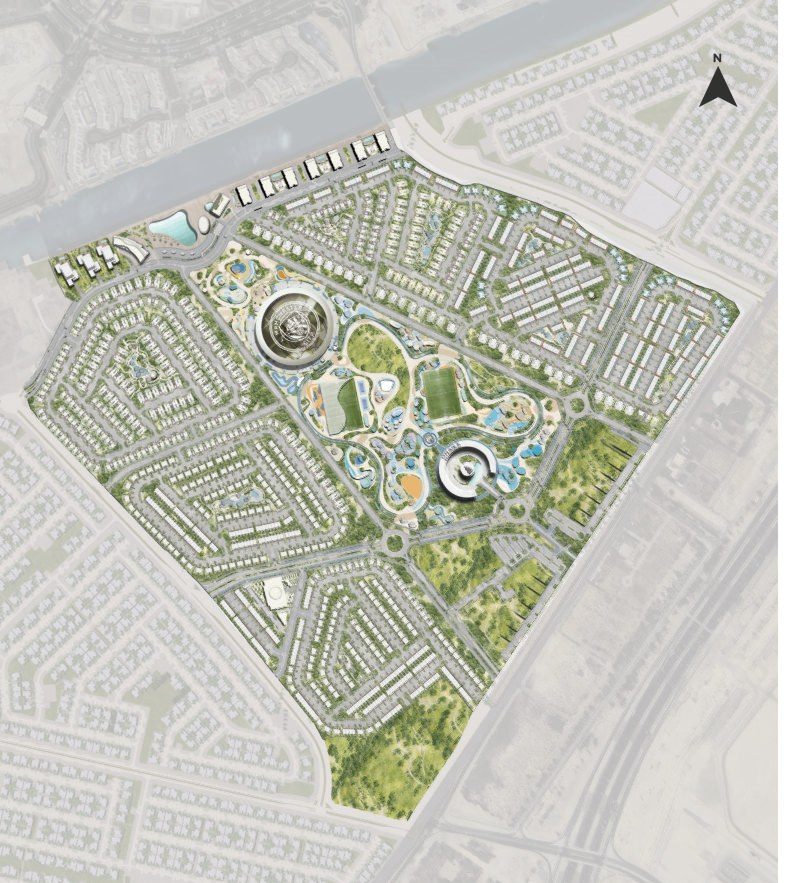 Masterplan of Manchester City Yas Residences by Ohana on Yas Canal, showing Manchester City Park, the football fields and the residential clusters